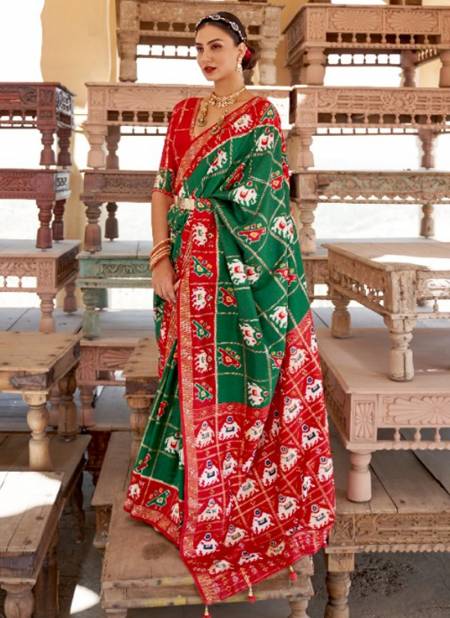 Red And Green Colour REWAA RIYASAT Festive Wear Smuth Patola Designer Saree Collection R-350G